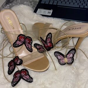 SHEIN Gold Lace-Up Butterfly Embroidered Heels with Pink and Red Accents